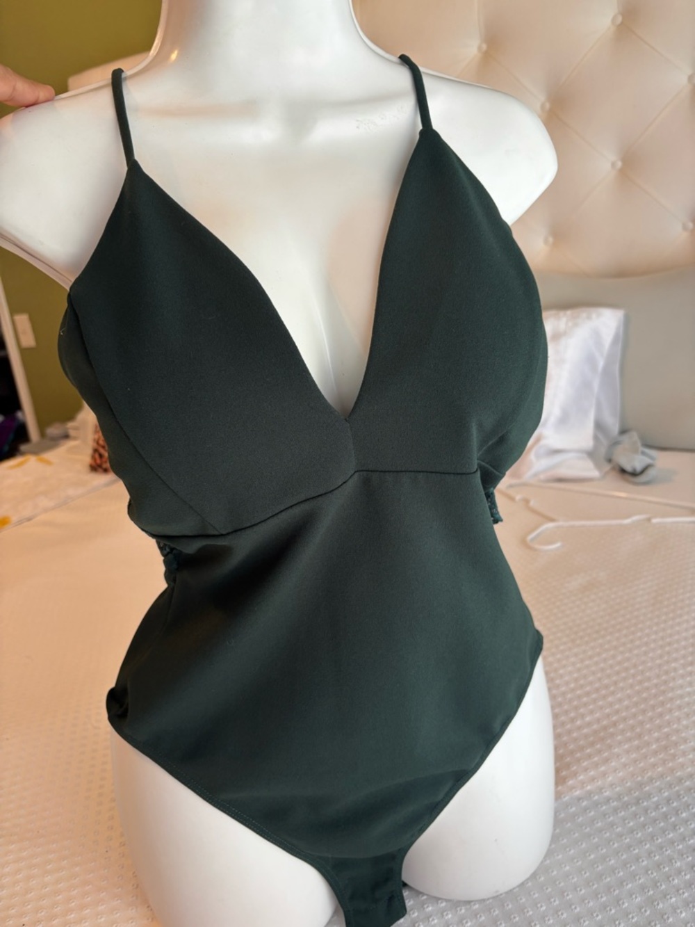 a'gaci Dark Green V-Neck Spaghetti‎ Strap Bodysuit